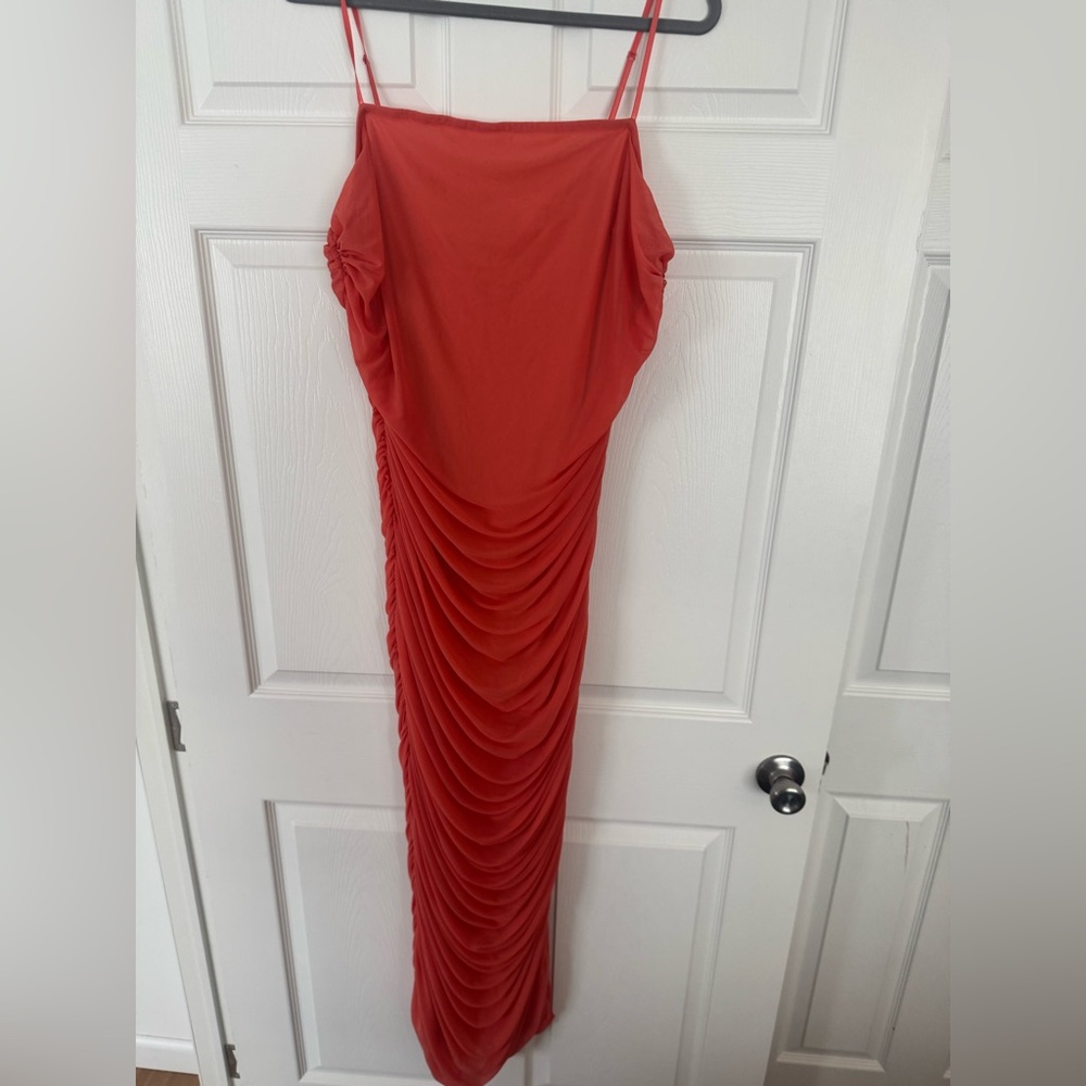 Venus Coral Ruched Column Mesh Bodycon Dress with Spaghetti Straps Size 2X - Picture 3 of 7